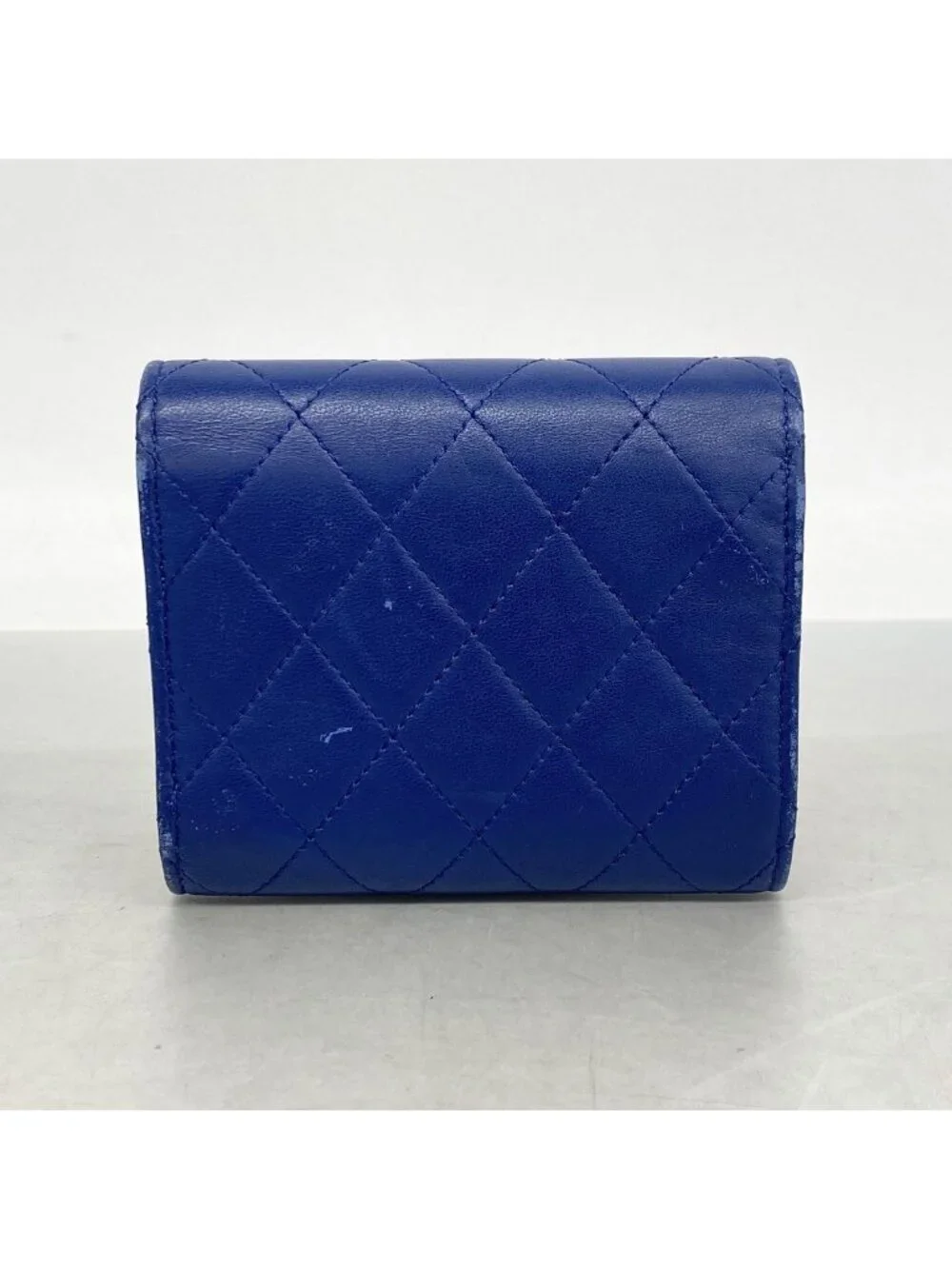 Chanel Trifold Wallet Quilted Lambskin Blue Silver